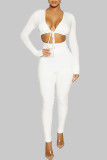 Red Casual Solid Hollowed Out Frenulum V Neck Skinny Jumpsuits