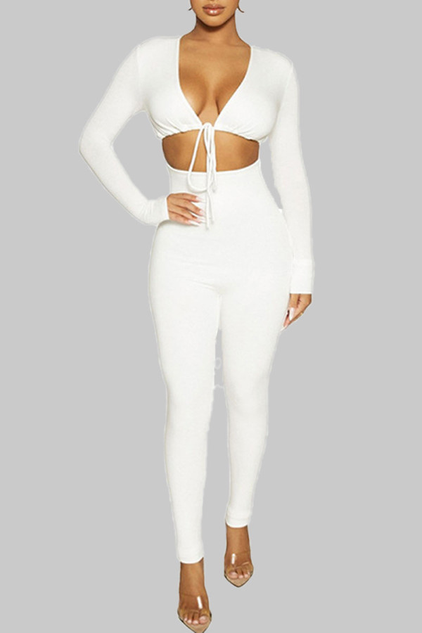 White Casual Solid Hollowed Out Frenulum V Neck Skinny Jumpsuits