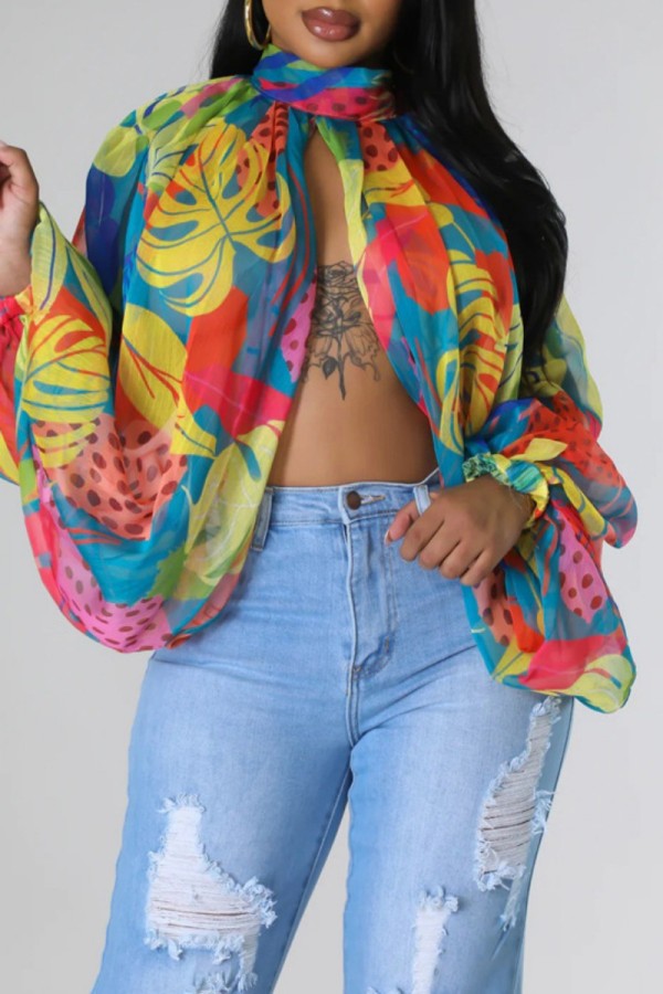 Multi-color Casual Print Patchwork Slit Half A Turtleneck Tops