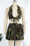 Army Green Street Print Bandage Patchwork Backless Fold Halter Sleeveless Two Pieces