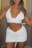 White Sexy Solid Bandage Backless Halter Sleeveless Two Pieces