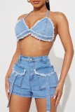 Blue Sexy Casual Solid Bandage Backless Halter Sleeveless Two Pieces