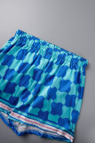 Blue Street Plaid Print Patchwork Letter Turndown Collar Short Sleeve Two Pieces