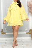 Yellow Casual Solid Patchwork With Bow Turtleneck Long Sleeve Dresses