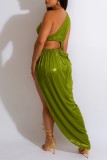 Rose Red Sexy Solid Hollowed Out Patchwork Oblique Collar Long Dress Dresses