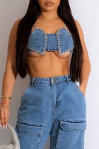 The cowboy blue Sexy Casual Solid Bandage Backless Rhinestone Spaghetti Strap Tops