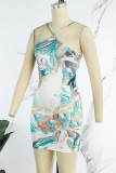 Blue Sexy Print Patchwork Spaghetti Strap One Step Skirt Dresses