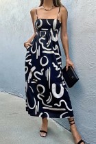 Black Sexy Casual Print Hollowed Out Backless Spaghetti Strap Long Dress Dresses