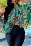 Blue Casual Print Patchwork Slit Half A Turtleneck Tops