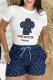 Dark Blue Casual Print Letter O Neck Short Sleeve Two Pieces