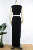 Red Sexy Solid Patchwork Slit Fold O Neck Sleeveless Two Pieces