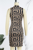 Yellow Sexy Print Patchwork O Neck One Step Skirt Dresses
