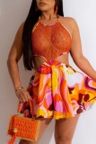 Orange Sexy Print Hollowed Out See-through Backless Halter Sleeveless Dress Dresses