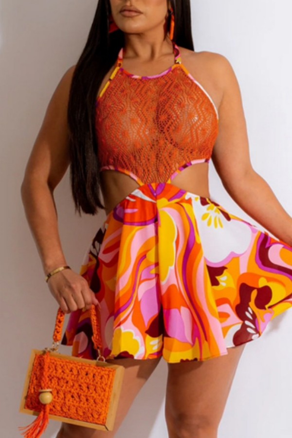 Orange Sexy Print Hollowed Out See-through Backless Halter Sleeveless Dress Dresses
