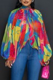 Blue Casual Print Patchwork Slit Half A Turtleneck Tops
