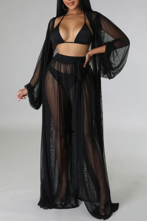 Black Sexy Solid See-through Cardigan Long Sleeve Two Pieces
