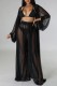 Black Sexy Solid See-through Cardigan Long Sleeve Two Pieces