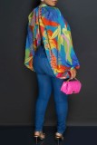 Blue Casual Print Patchwork Slit Half A Turtleneck Tops