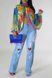 Blue Casual Print Patchwork Slit Half A Turtleneck Tops