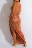 Rose Red Sexy Solid Hollowed Out Patchwork Oblique Collar Long Dress Dresses