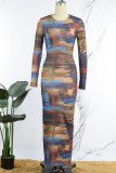 Blue Elegant Print Patchwork O Neck One Step Skirt Dresses