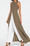 Khaki Casual Solid Slit Contrast O Neck Regular Jumpsuits