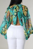 Blue Casual Print Patchwork Slit Half A Turtleneck Tops