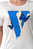 White Blue Casual Print Butterfly O Neck Short Sleeve Two Pieces