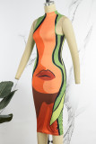 Green Orange Sexy Print Basic Turtleneck Sleeveless Dress Dresses