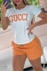 Orange Casual Print Letter O Neck Short Sleeve Two Pieces