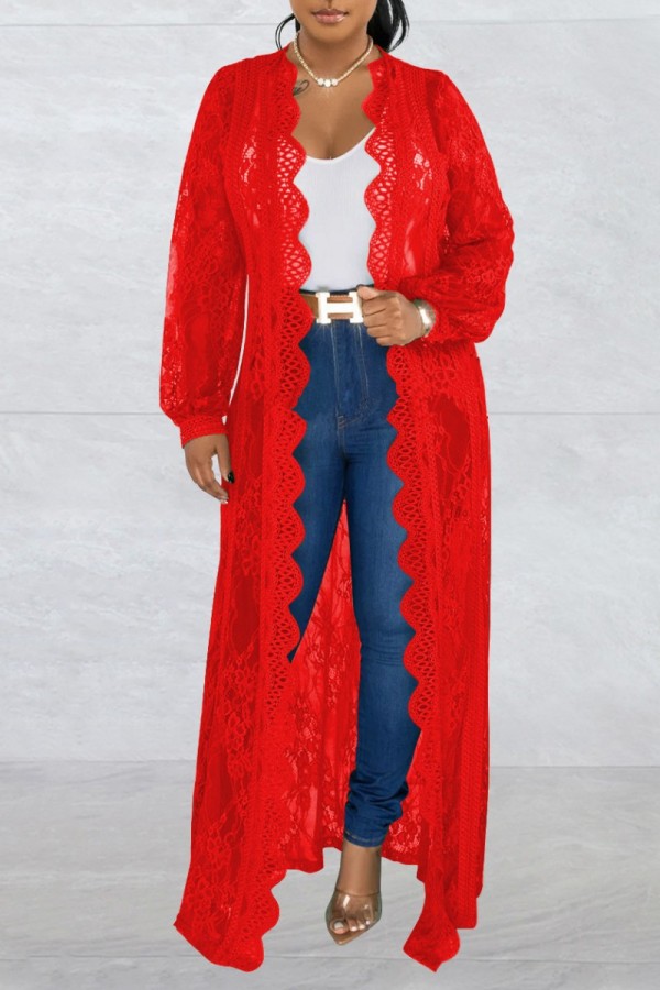 Red Casual Solid Cardigan Outerwear