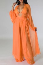 Orange Sexy Solid See-through Cardigan Long Sleeve Two Pieces