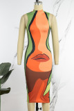 Green Orange Sexy Print Basic Turtleneck Sleeveless Dress Dresses