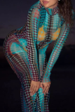 Colour Street Print Patchwork Mesh Turtleneck Long Sleeve Two Pieces