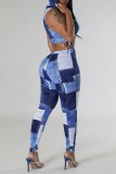 Blue Casual Print Bandage Hooded Collar Sleeveless Two Pieces