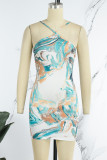 Blue Sexy Print Patchwork Spaghetti Strap One Step Skirt Dresses