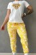Yellow Casual Figure Print Letter O Neck Short Sleeve Two Pieces