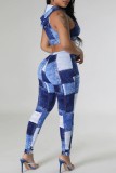 Blue Casual Print Bandage Hooded Collar Sleeveless Two Pieces