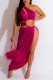 Rose Red Sexy Solid Hollowed Out Patchwork Oblique Collar Long Dress Dresses