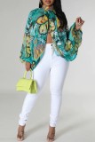 Blue Casual Print Patchwork Slit Half A Turtleneck Tops