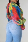 Blue Casual Print Patchwork Slit Half A Turtleneck Tops