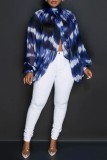 Blue Casual Print Patchwork Slit Half A Turtleneck Tops