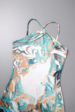 Blue Sexy Print Patchwork Spaghetti Strap One Step Skirt Dresses
