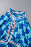 Blue Street Plaid Print Patchwork Letter Turndown Collar Short Sleeve Two Pieces