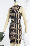 Yellow Sexy Print Patchwork O Neck One Step Skirt Dresses