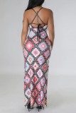 Multicolor Sexy Print Frenulum Backless Spaghetti Strap Long Dress Dresses