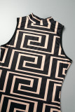 Yellow Sexy Print Patchwork O Neck One Step Skirt Dresses