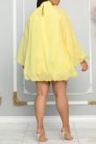 Yellow Casual Solid Patchwork With Bow Turtleneck Long Sleeve Dresses