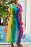 Multicolor Casual Print Patchwork Slit V Neck Beach Dress Dresses
