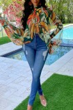 Blue Casual Print Patchwork Slit Half A Turtleneck Tops